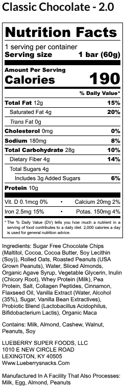 Classic Chocolate Super Snack Bar - 15 ct Box - Super Snacks by Lueberry - transparent labeling, collagen, and probiotics.